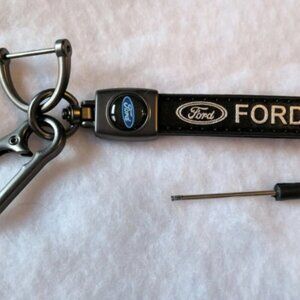 Ford Logo Keychain Keyring Leather Loop Carabineer and Locked Black Brand New
